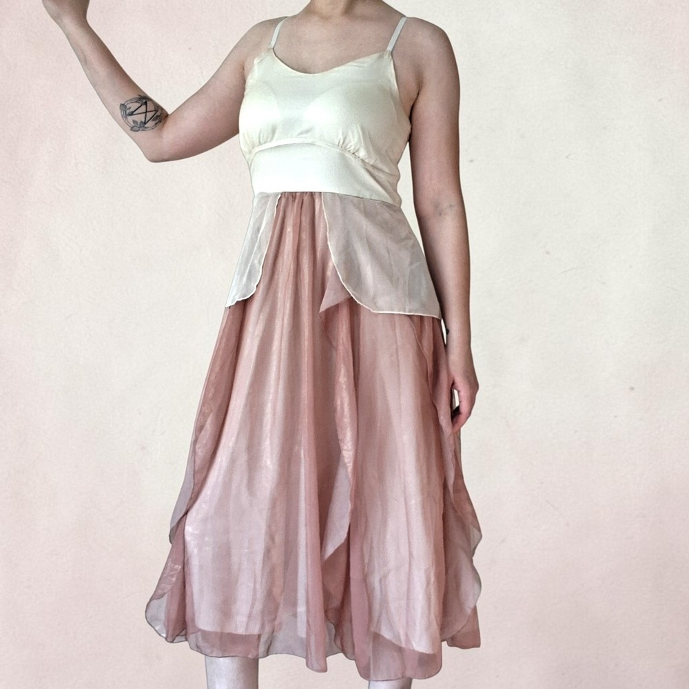 Vintage Y2K Dusty Rose Pink Cream Ivory Organza Layered Midi Dress Fairycore M - Picture 12 of 16